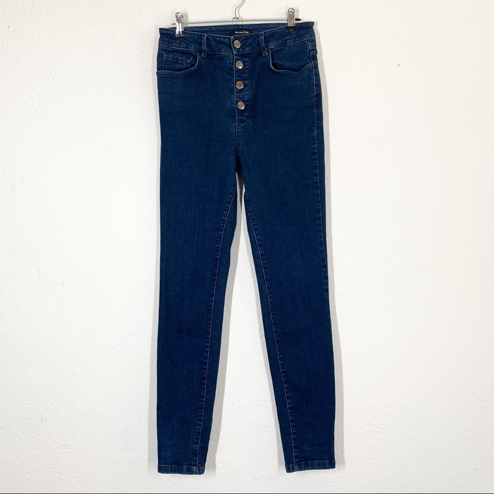 Massimo Dutti Skinny Fit Button Fly High Rise Jeans Dark Blue Wash 4